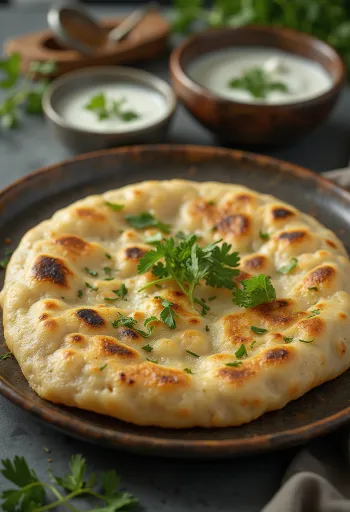 Lauki paratha, töltött tökös lepény, friss korianderrel tálalva