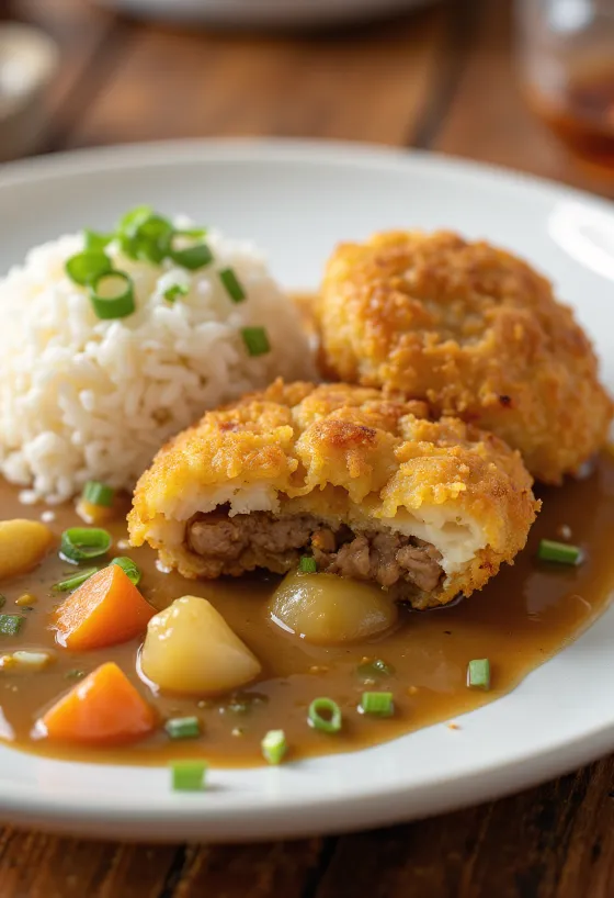 Menchi katsu curry szósszal leöntve, főtt rizzsel tálalva, mellette zöldségek