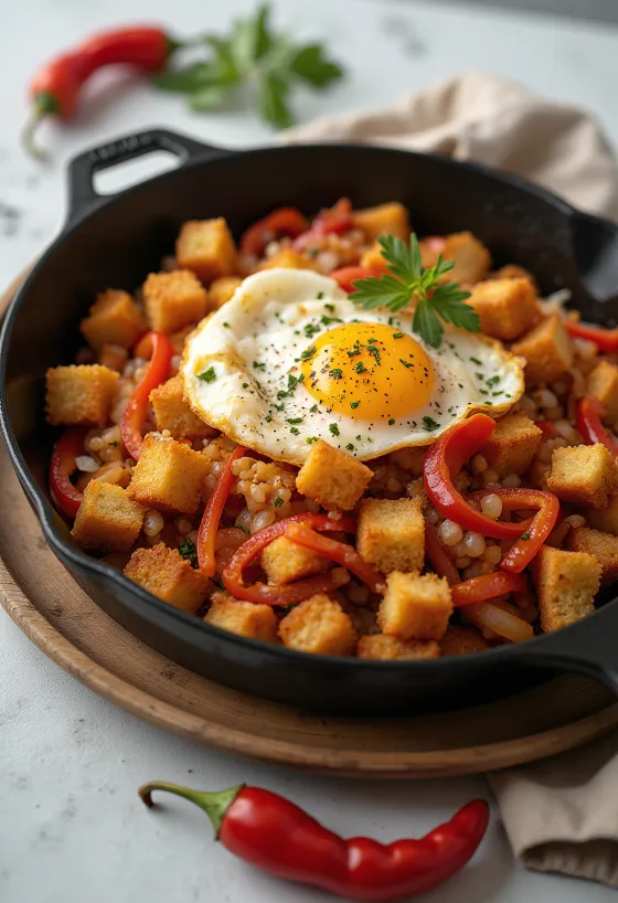 Migas sült paprikával, friss petrezselyemmel tálalva