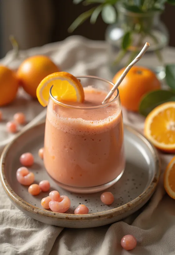 Narancsos-bodzás smoothie pohárban, friss bodzavirággal díszítve