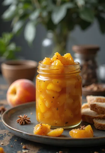 Peach chutney üvegben, gazdag narancssárga színű fűszeres szósz