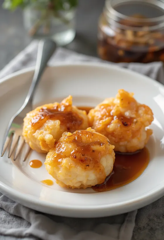 Pempek udang (rákos golyó) sós karamellával tálalva