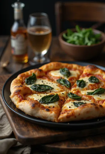 Tibeti stílusú pizza tálalva jak sajttal és friss spenóttal