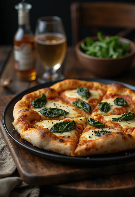Tibeti stílusú pizza tálalva jak sajttal és friss spenóttal