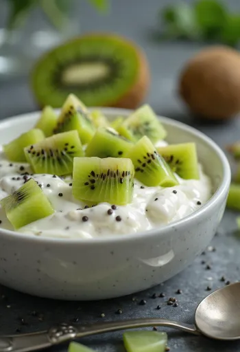 Probiotikus kivi joghurt poharakban tálalva, friss kivi darabokkal