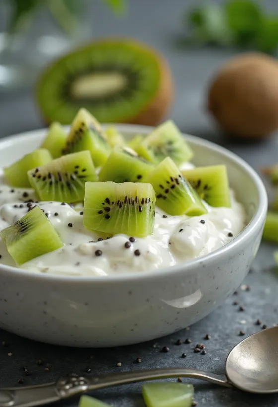 Probiotikus kivi joghurt poharakban tálalva, friss kivi darabokkal