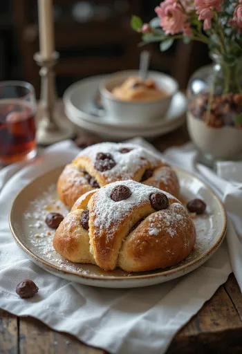 Puncsos-csokoládés Stollen szeletelve, porcukorral meghintve