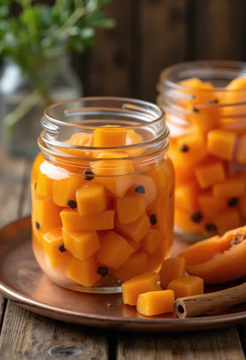 Savanyított papaya üvegben tálalva