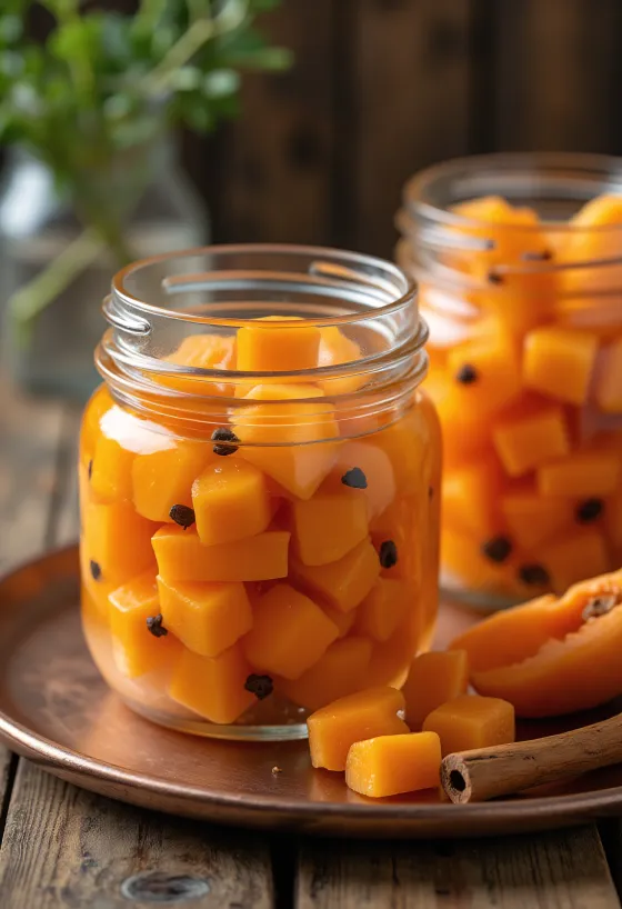 Savanyított papaya üvegben tálalva