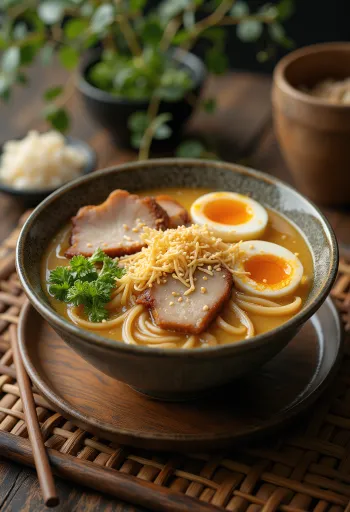 Sesame ramen tahinivel, chashu hússal és főtt tojással, zöldhagymával tálalva