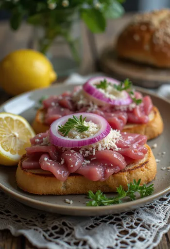 Smørrebrød sült marhahússal és tormával, füstölt lazaccal és friss petrezselyemmel tálalva