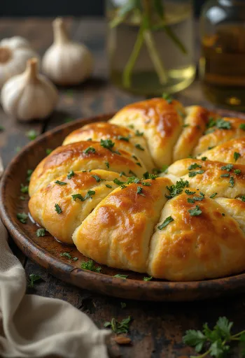 Stromboli fokhagymával tálalva, gazdag fokhagymás olajjal és olvadt mozzarellával a tetején, kívül ropogós és belül puha.