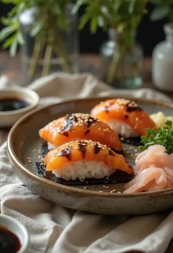 Sült lazacos onigiri, tálalva szezámmaggal és nori algával