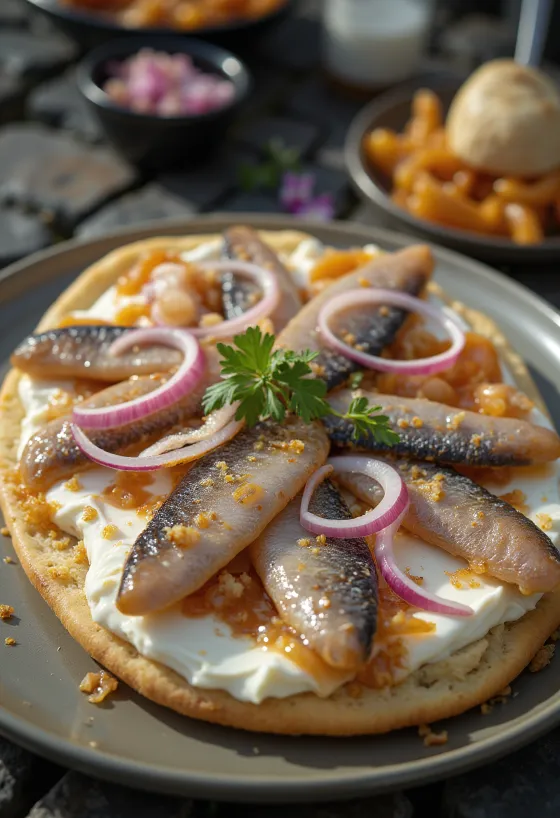 Surströmming krémsajttal, pirított kenyéren, friss korianderrel
