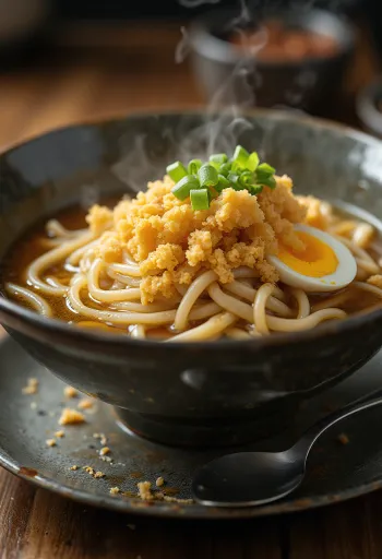 Tanuki udon hideg udon tészta tempura morzsával és szójaszósz alapú szósszal tálalva