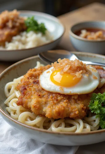 Tarako tőkehal ikra töltelékű katsudon, ropogós csirke és gazdag szójaszósz