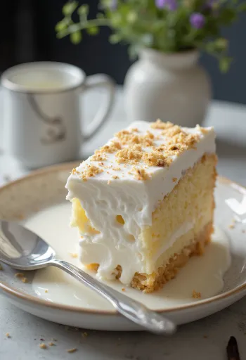 Tres leches tejjel, tejjel átitatott piskóta fehér tányéron