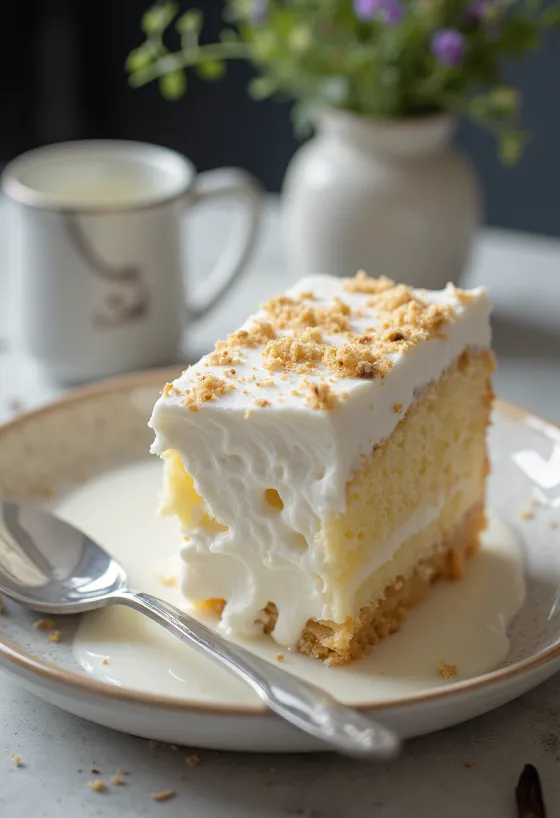 Tres leches tejjel, tejjel átitatott piskóta fehér tányéron