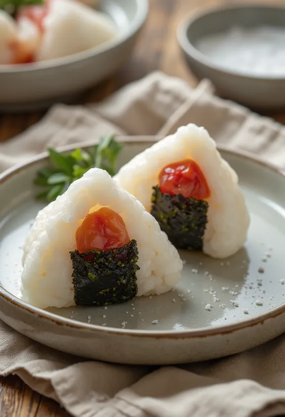 Umeboshi savanyított szilva töltelékű onigiri tálalva, friss nori lapokkal