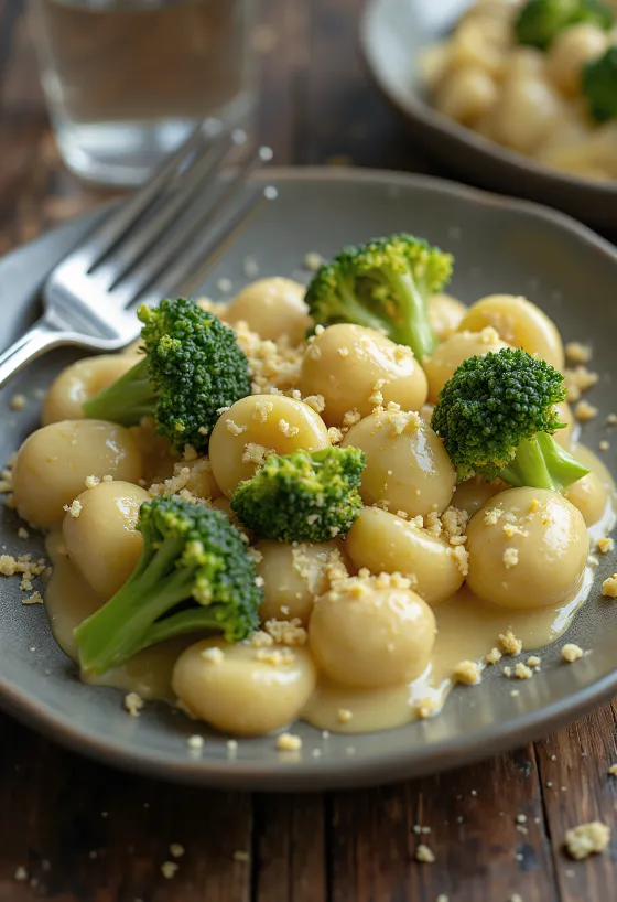 Vegán gnocchi brokkolival tálalva krémes fokhagymás szósszal
