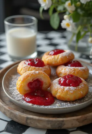 Zeppole eperlekvárral töltve, porcukorral meghintve, rusztikus tálon tálalva