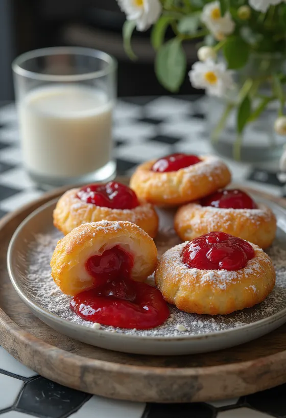 Zeppole eperlekvárral töltve, porcukorral meghintve, rusztikus tálon tálalva