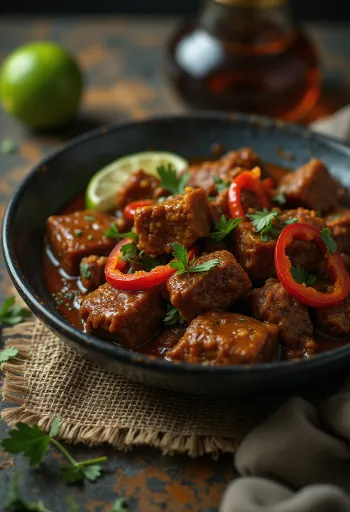 Bhuna beef csípős paprikával, fűszeres marhahús korianderrel és lime-mal díszítve