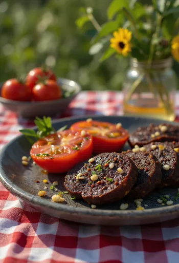 Black pudding sült paradicsommal tálalva, díszítve friss petrezselyemmel