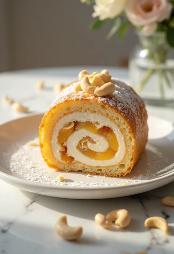 Bolo de Rolo kesudióval, baracklekvárral és finom piskótával tálalva