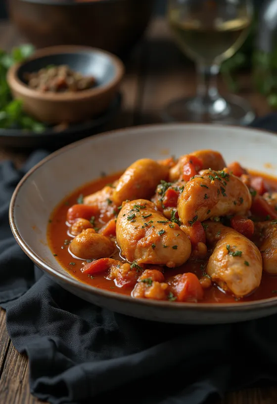 Cacciatore kolbásszal, csirkehússal és piros paprikával, friss oregano díszítéssel