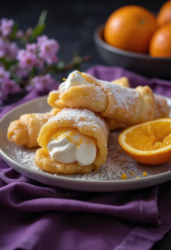 Cannoli narancsvirágvízzel ízesített ricottakrémmel töltve, ropogós héjjal
