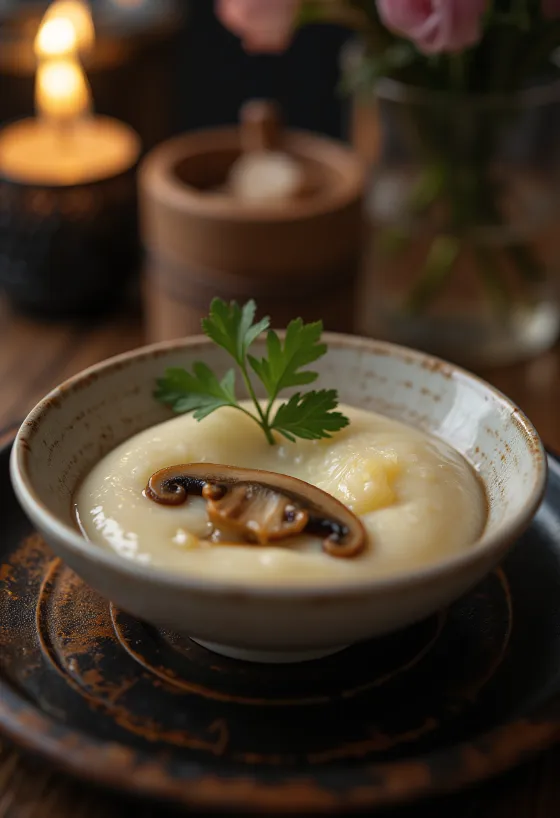 Chawanmushi shiitake gombával, gőzölt tojásos puding gombaszeletekkel