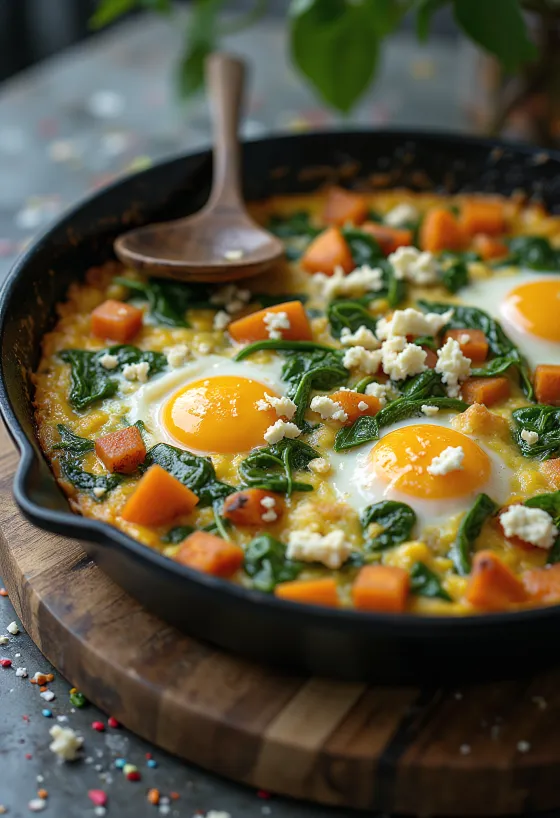 Frittata édesburgonyával és spenóttal, frissen tálalva