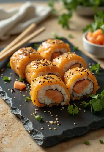 Inarizushi miso lazaccal, tálalva friss korianderrel és szezámmaggal