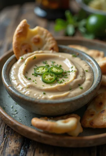 Jalapeños lime tahini szósz tálalva