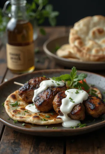 Joghurtos kebab pita joghurtos öntettel és friss petrezselyemmel tálalva