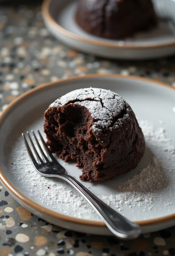Kladdkaka csokoládéval, porcukorral és csokoládé darabokkal tálalva