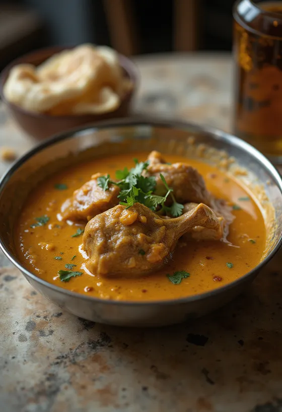 Korma kecskehússal gazdag, krémes szószban tálalva, friss korianderrel díszítve.