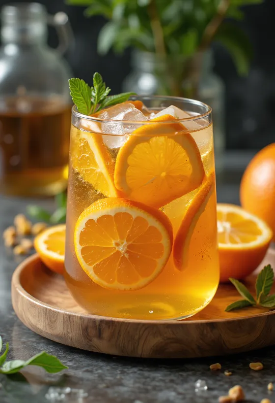 Narancsos-mentás jeges tea pohárban