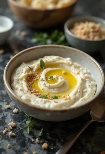 Padlizsánkrém tahini öntettel tálalva