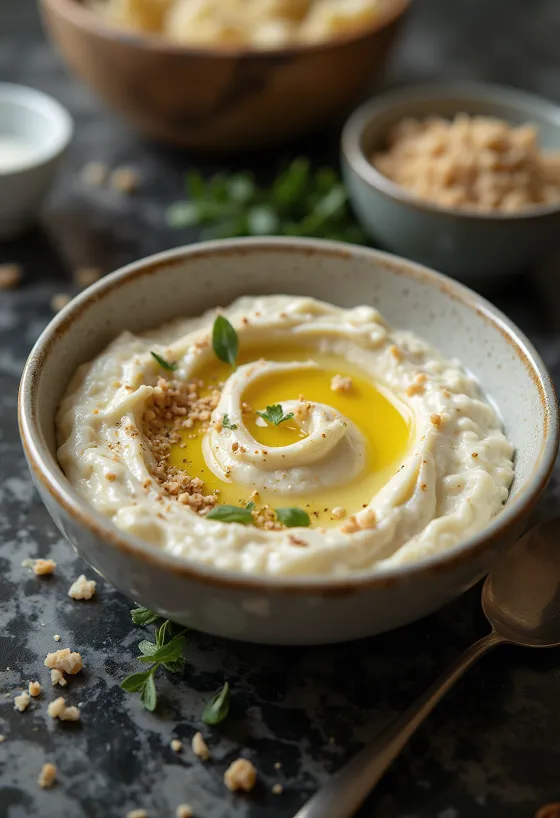 Padlizsánkrém tahini öntettel tálalva