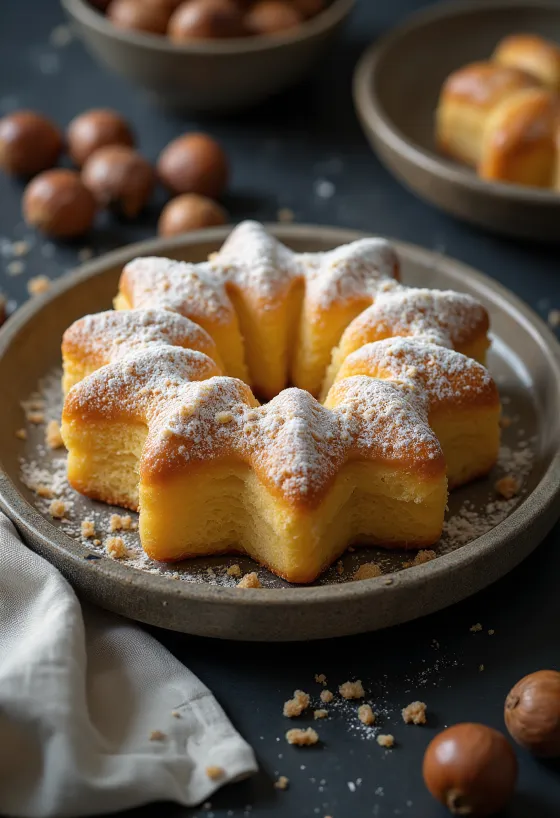 Frissen sült gesztenyés pandoro porcukorral meghintve, olasz ünnepi kalács