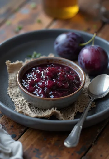Plum chutney üvegben, gazdag sötétpiros színű fűszeres szósz