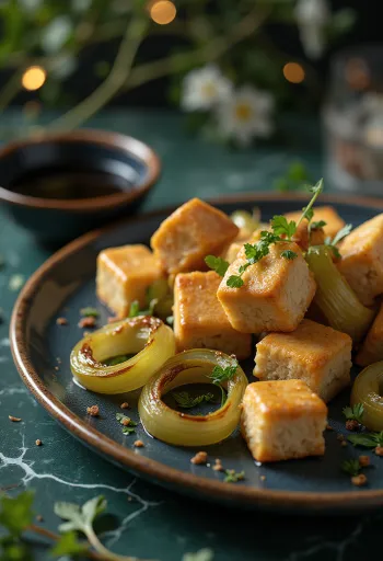Prebiotikus sült tofu fűszeres póréhagymával tálalva, aranybarnára sütve