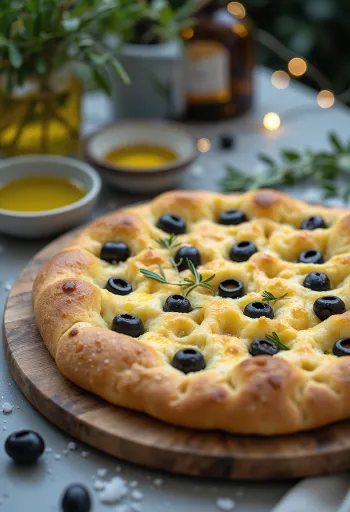 Rozmaringos-fekete olívás focaccia tálalva