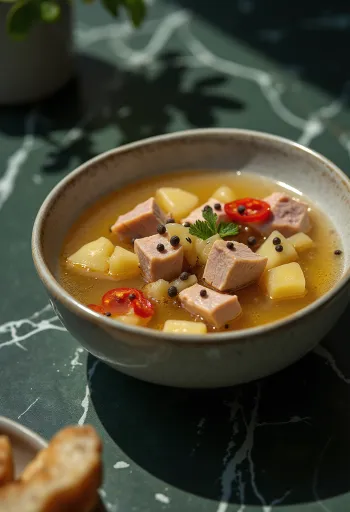 Souse leves zellerrel, disznóhússal, friss fűszerekkel tálalva