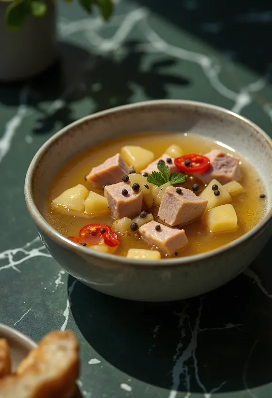 Souse leves zellerrel, disznóhússal, friss fűszerekkel tálalva