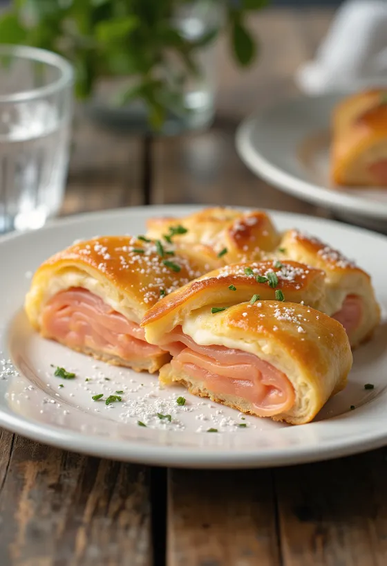 Stromboli füstölt lazaccal tálalva, gazdag füstölt lazaccal és olvadt mozzarellával a tetején, kívül ropogós és belül puha.