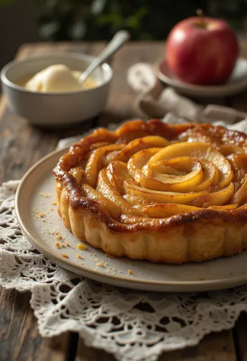 Tarte Tatin karamellel, friss sült almákkal, karamellizált cukorral és ropogós leveles tésztával