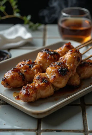 Tebamoto yakitori csirke szárny váll pálcikán, szezámmaggal és friss zöldhagymával tálalva